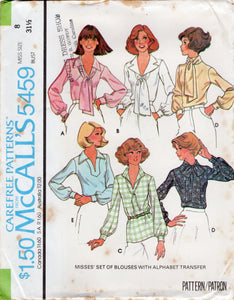 1970's McCall's Pullover Blouse with Necktie and Bishop sleeves pattern- Bust 31.5" - No. 5459