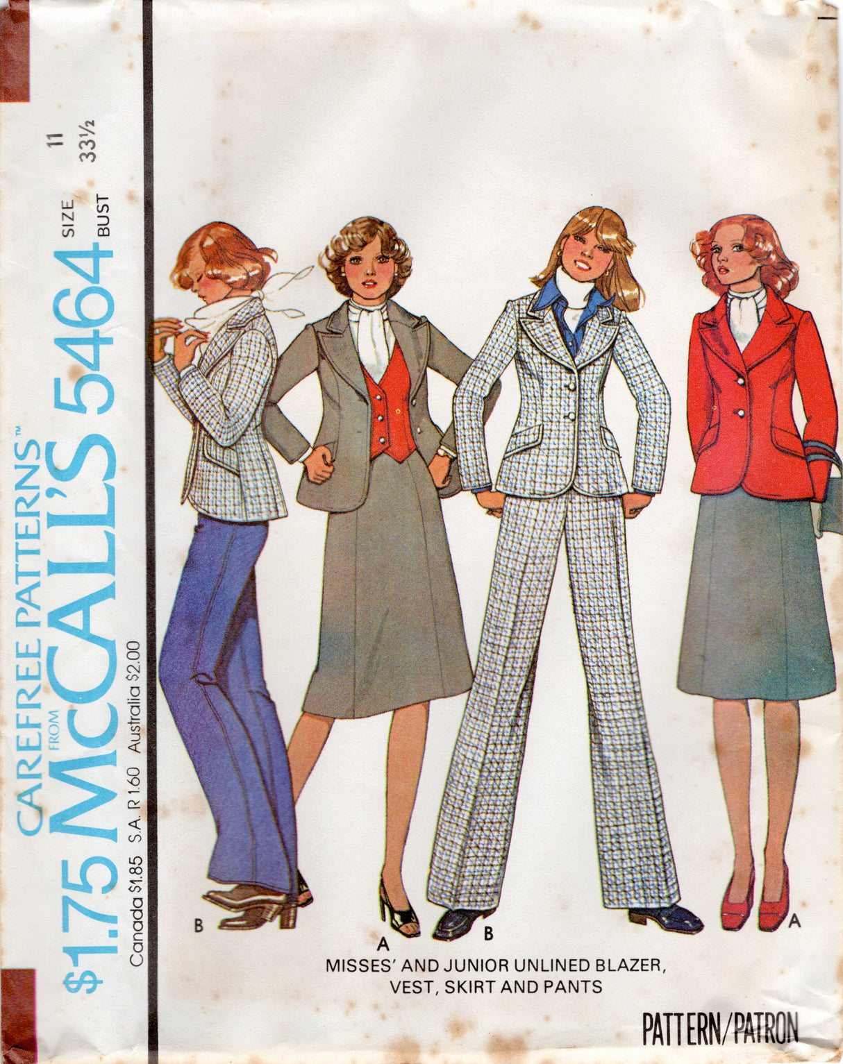 1970's McCall's Unlined Princess line Blazer, Vest, A line Skirt, and High Waisted Pants Pattern - Bust 32-33.5" - No. 5464