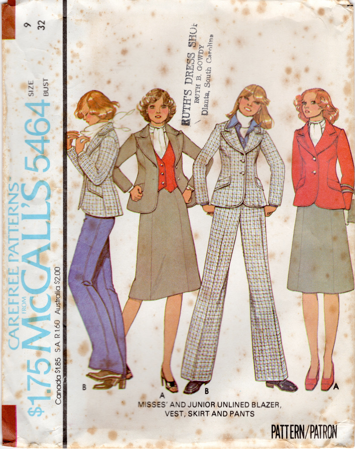 1970's McCall's Unlined Princess line Blazer, Vest, A line Skirt, and High Waisted Pants Pattern - Bust 32-33.5" - No. 5464