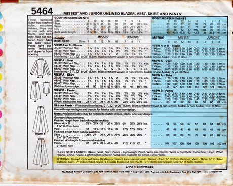 1970's McCall's Unlined Princess line Blazer, Vest, A line Skirt, and High Waisted Pants Pattern - Bust 32-33.5" - No. 5464