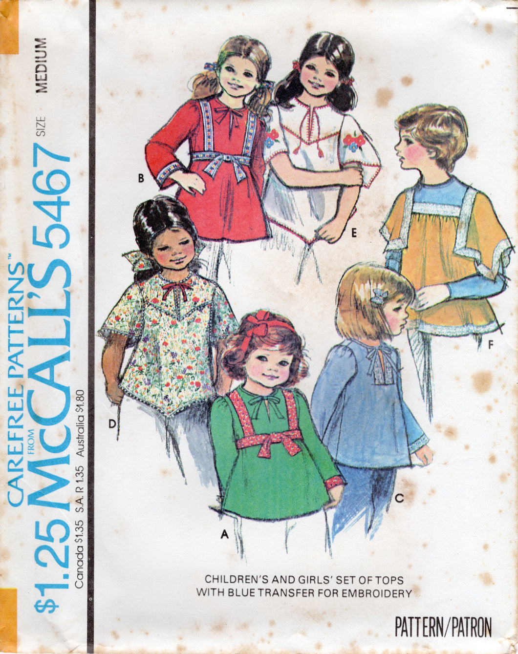 1970's McCall's Child's Pullover Top Draped or Long sleeves and Suspender accent Pattern - Chest 27-32
