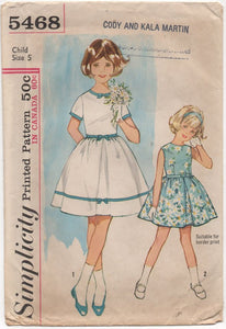 1960's Simplicity Child's One Piece Dress with Short or no sleeves & Full skirt - Breast 23.5" -5468