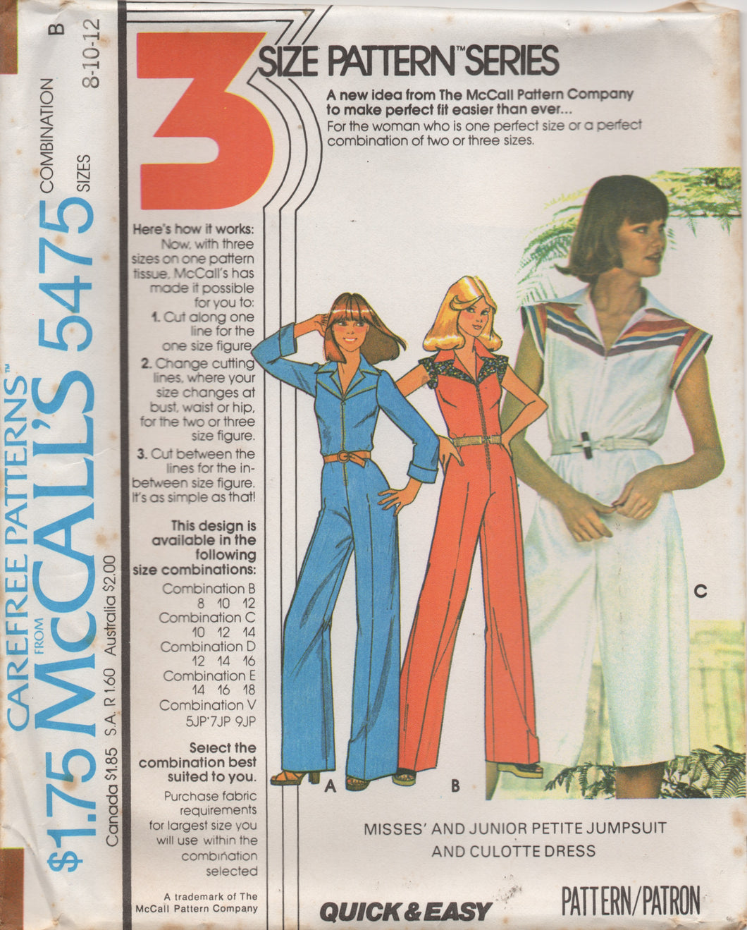 1970's McCall's Culotte or Full length Jumpsuit with Yoke - Bust 31-38