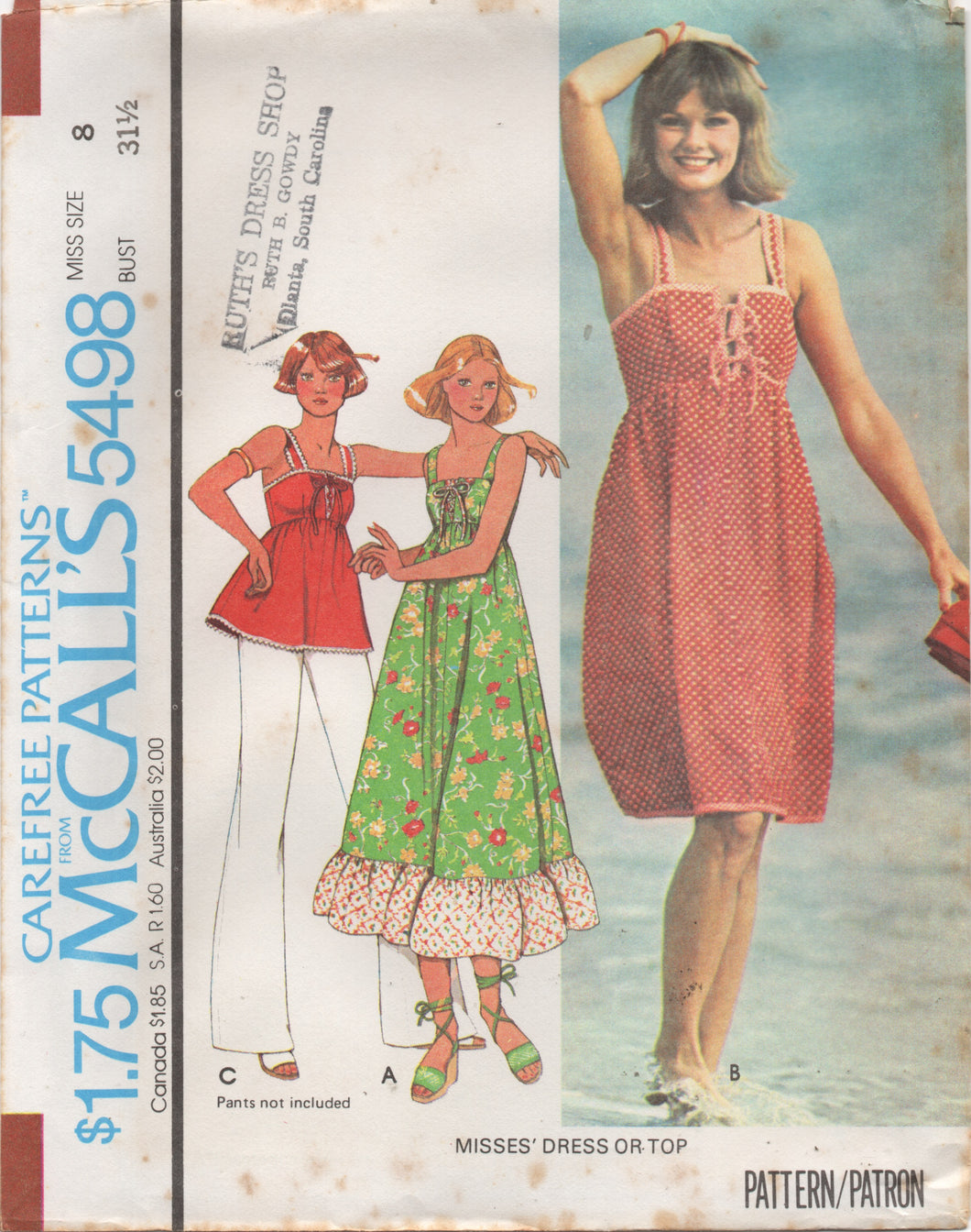 1970's McCall's Tie Front Tunic or Maxi Dress with ruffle - Bust 30.5-34