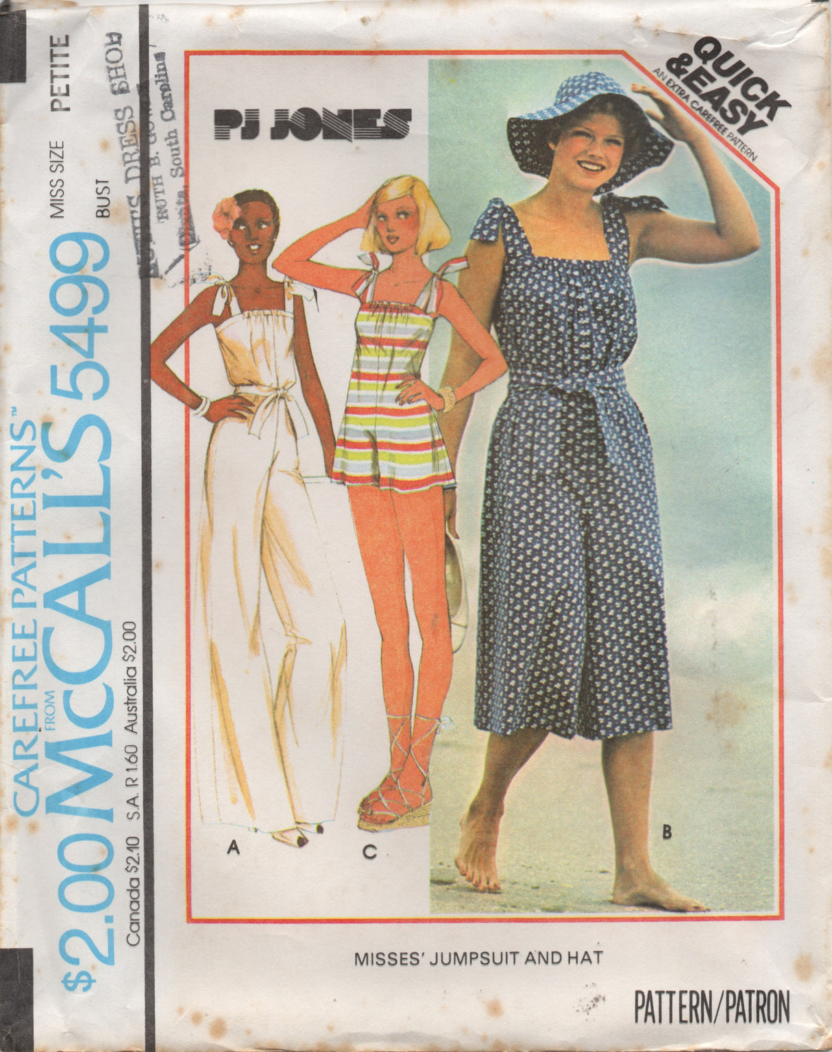 1970's McCall's Beach Romper or Jumpsuit and Sun Hat - PJ Jones - Bust 30.5-31.5" - No. 5499