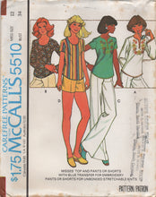 1970's McCall's Scoop Neck Blouse with Transfer and Wide Leg Pants Pattern- Bust 32.5-34" - No. 5510