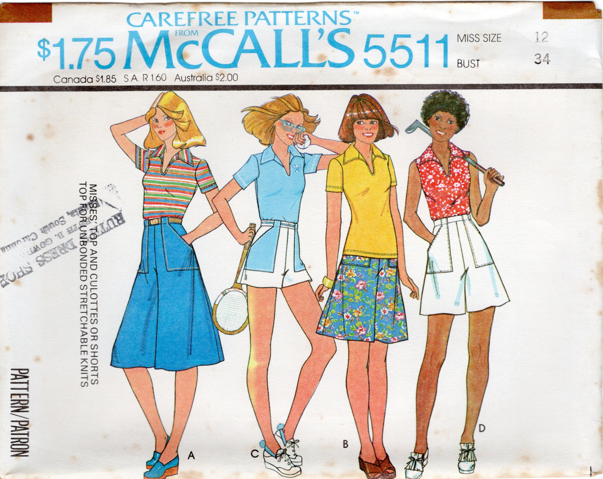 1970's McCall's Pullover Top and Culottes or Shorts with Large Pockets Pattern - Bust 31.5-32.5" - No. 5511