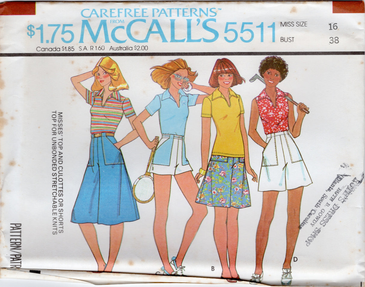 1970's McCall's Pullover Top and Culottes or Shorts with Large Pockets Pattern - Bust 31.5-32.5" - No. 5511