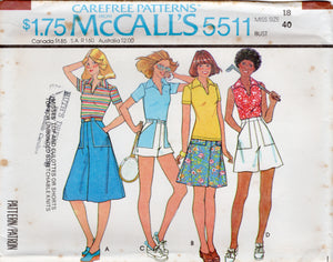 1970's McCall's Pullover Top and Culottes or Shorts with Large Pockets Pattern - Bust 31.5-32.5" - No. 5511