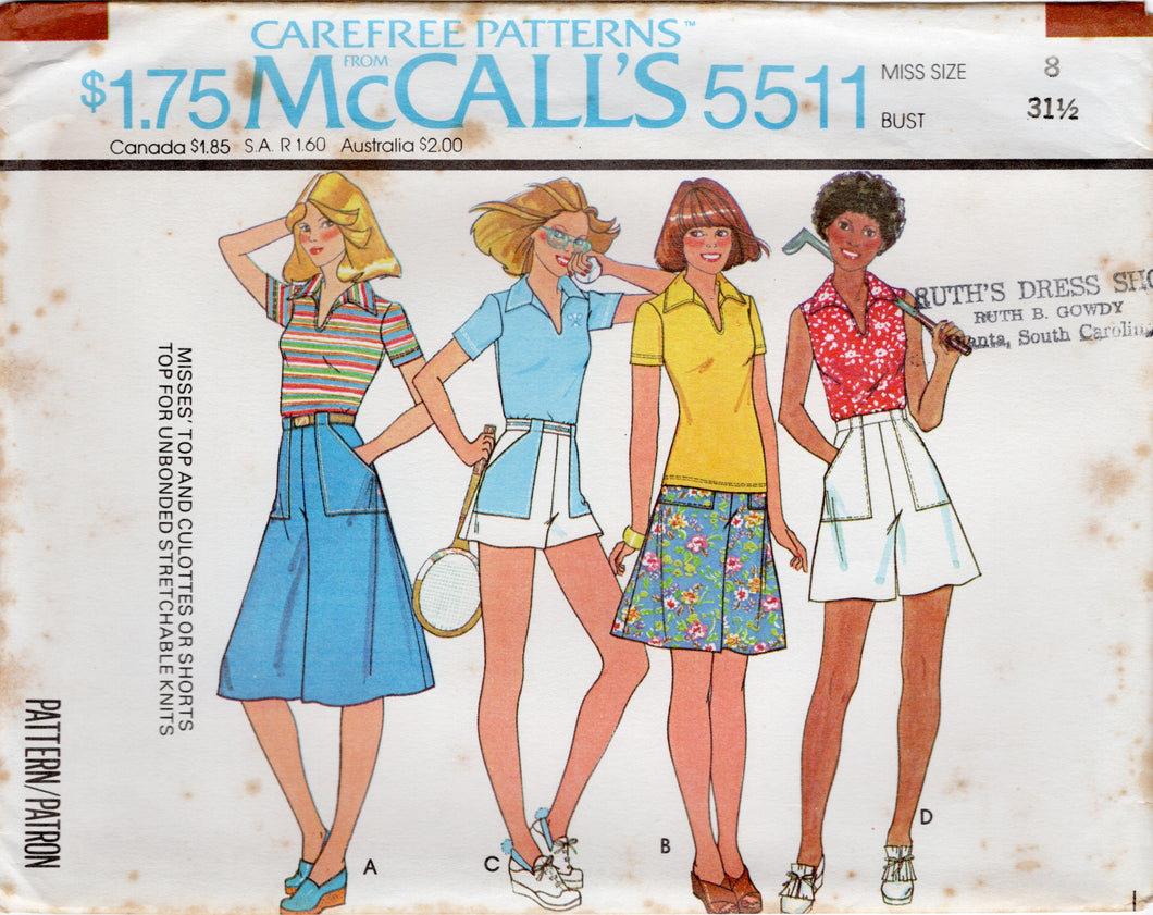 1970's McCall's Pullover Top and Culottes or Shorts with Large Pockets Pattern - Bust 31.5-32.5