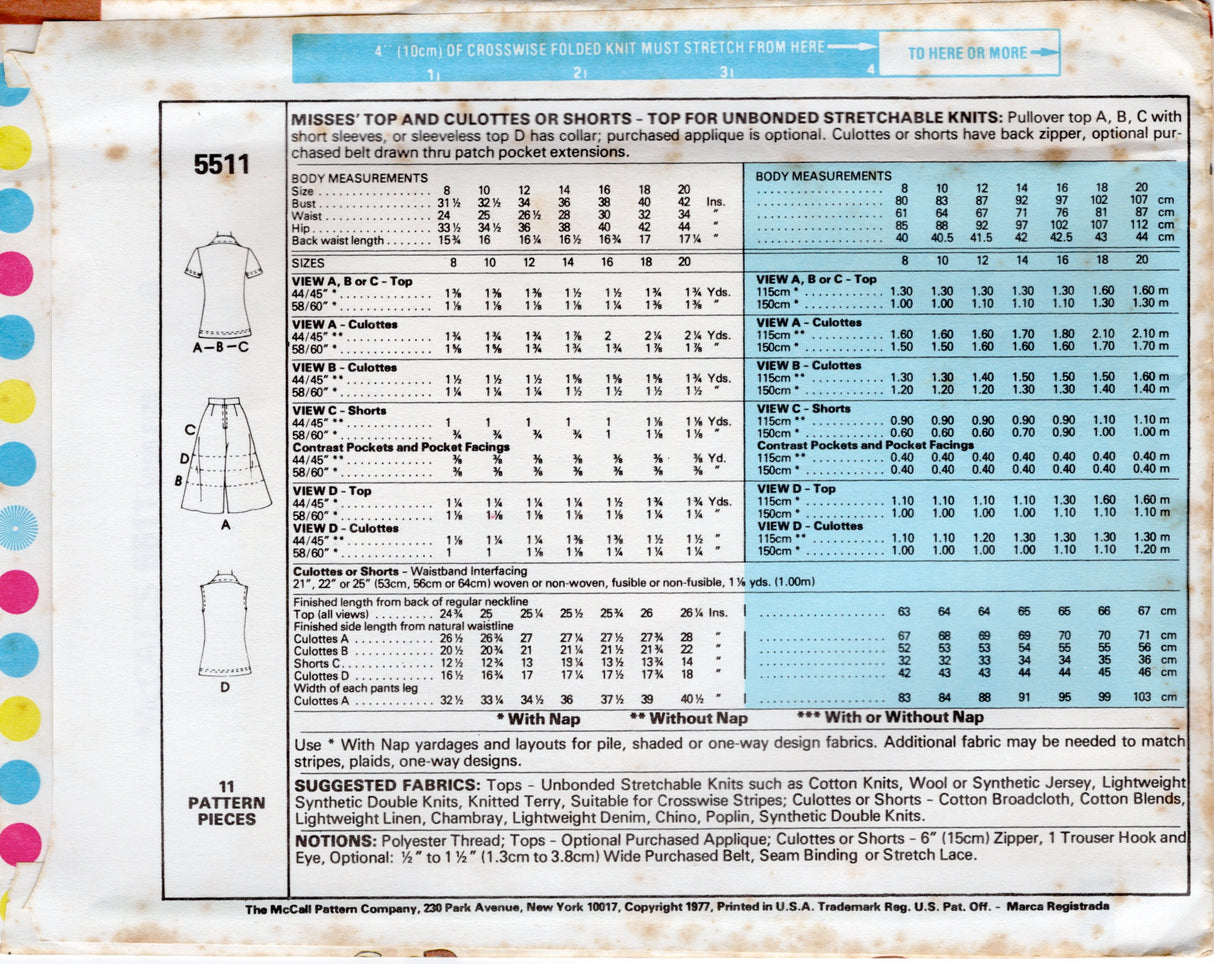 1970's McCall's Pullover Top and Culottes or Shorts with Large Pockets Pattern - Bust 31.5-32.5" - No. 5511