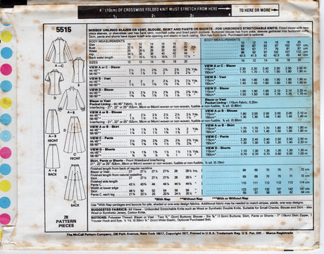 1970's McCall's Unlined Jacket or Vest, Blouse, Skirt, High Waisted Pants or Shorts Pattern - Bust 32.5-38" - No. 5515