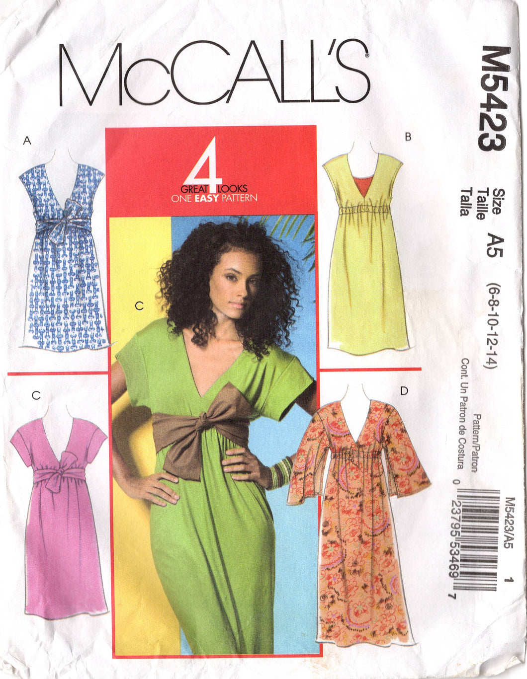 2000's McCall's Deep V Neck dress pattern with Empire Waist and Cap Sleeves - Bust 30.5-36