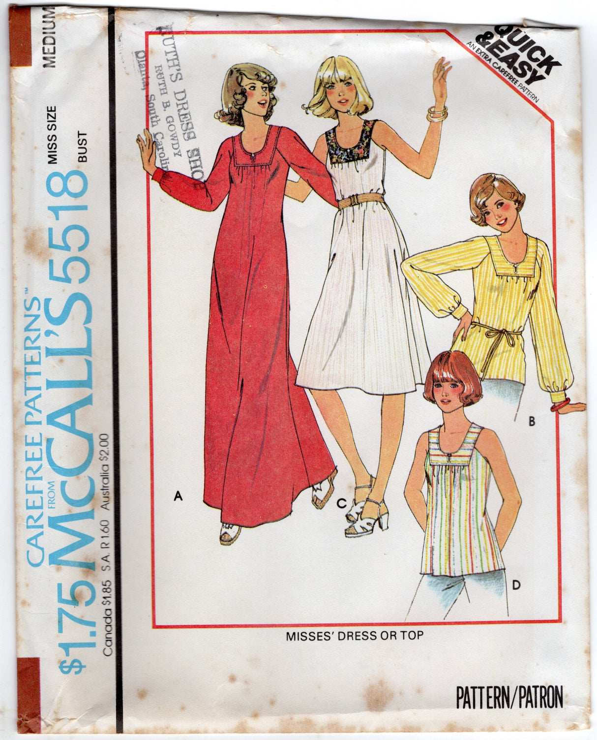 1970's McCall's Yoked Maxi, Midi Dress or Blouse pattern - Bust 30.5-38" - No. 5518