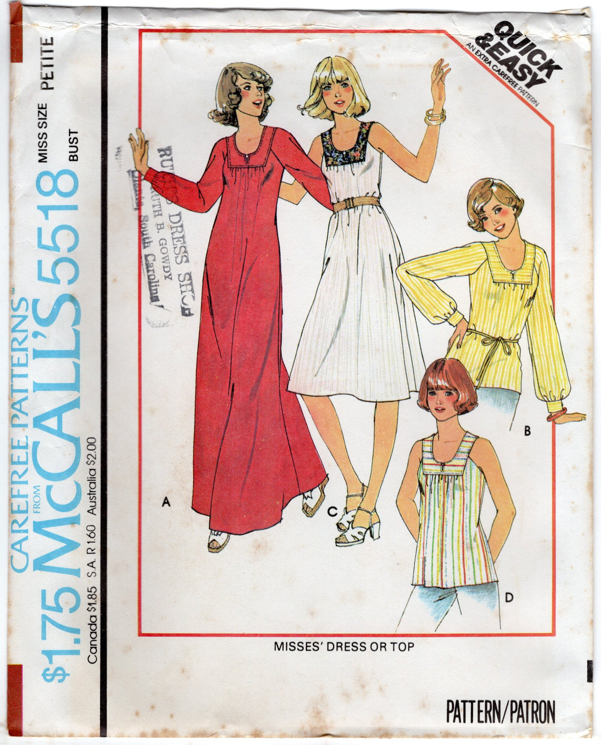 1970's McCall's Yoked Maxi, Midi Dress or Blouse pattern - Bust 30.5-38" - No. 5518