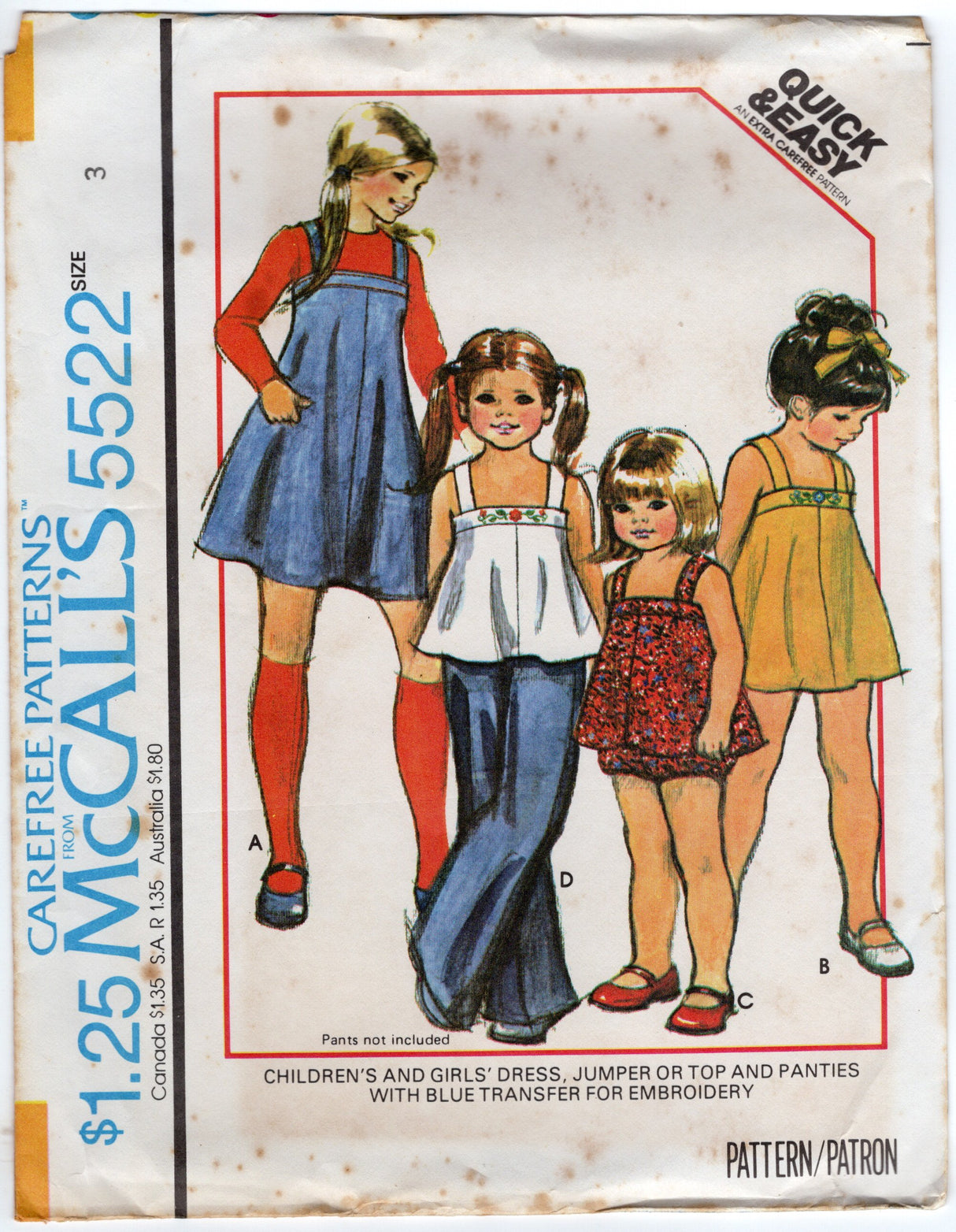 1970's McCall's Child's Jumper, Tunic or Blouse and Panties pattern - Chest 22-27" - No. 5522