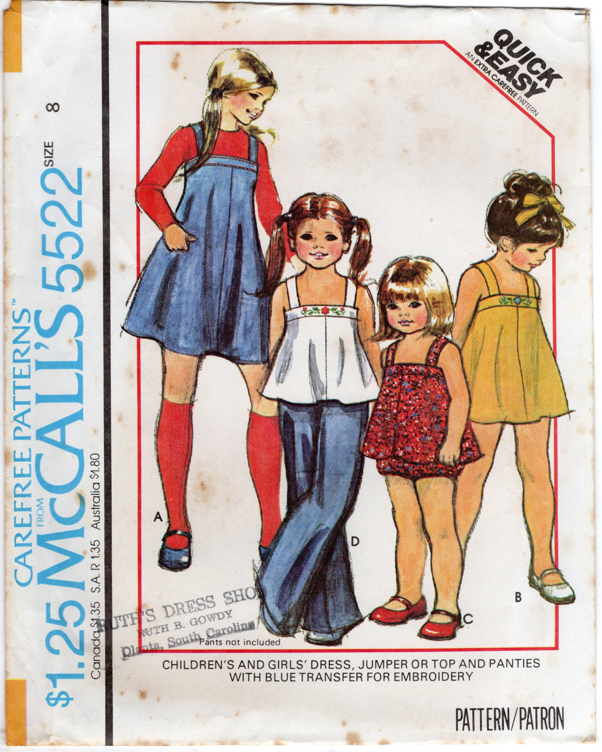 1970's McCall's Child's Jumper, Tunic or Blouse and Panties pattern - Chest 22-27" - No. 5522