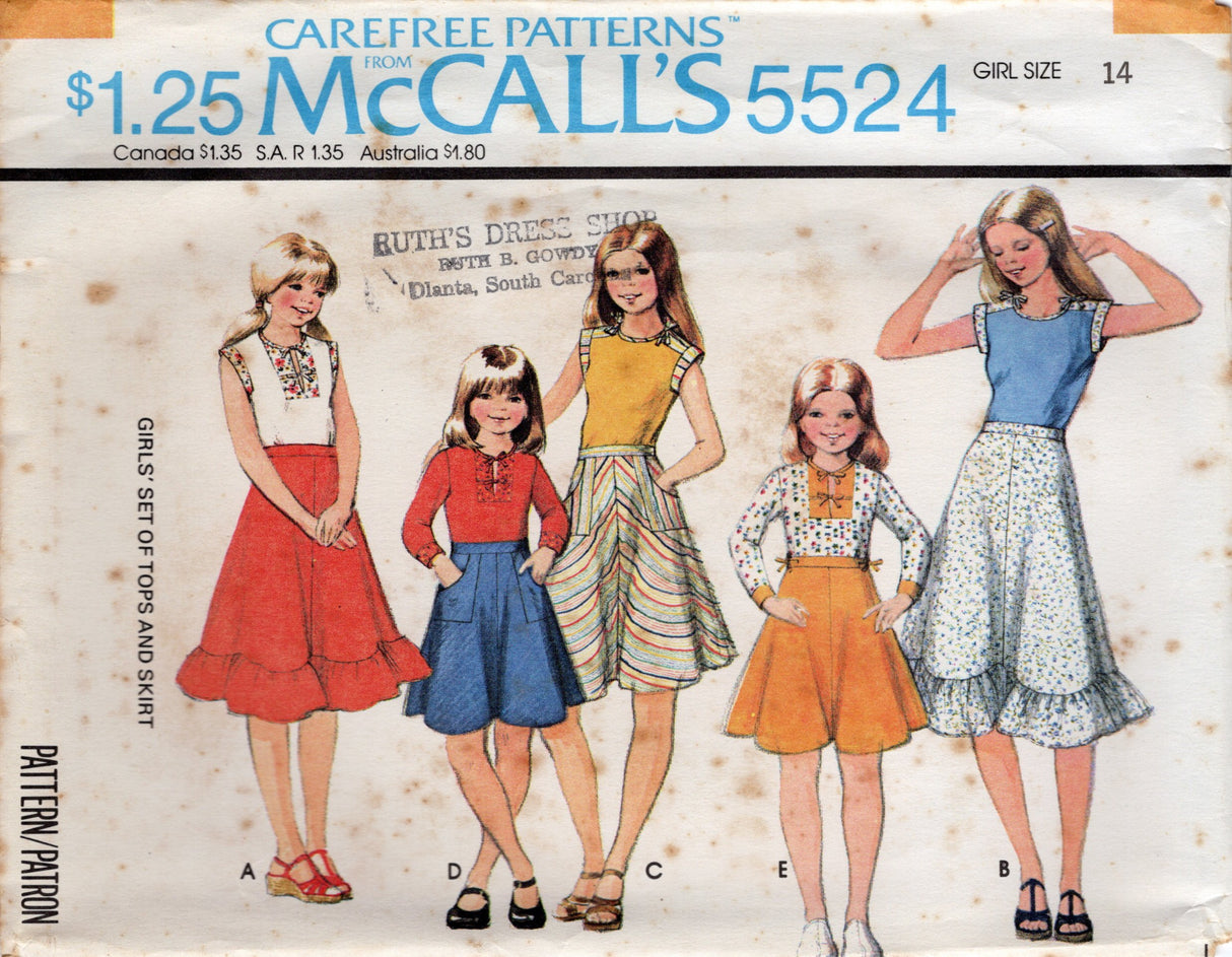 1970's McCall's Child's Yoked Tops and Flared Ruffled Skirt Pattern - Chest 26-32" - No. 5524