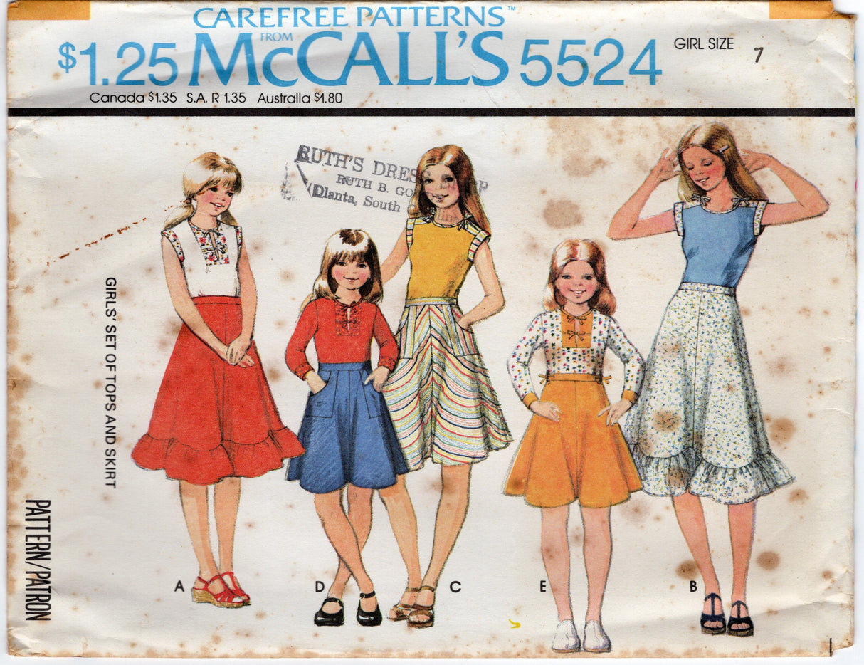 1970's McCall's Child's Yoked Tops and Flared Ruffled Skirt Pattern - Chest 26-32" - No. 5524