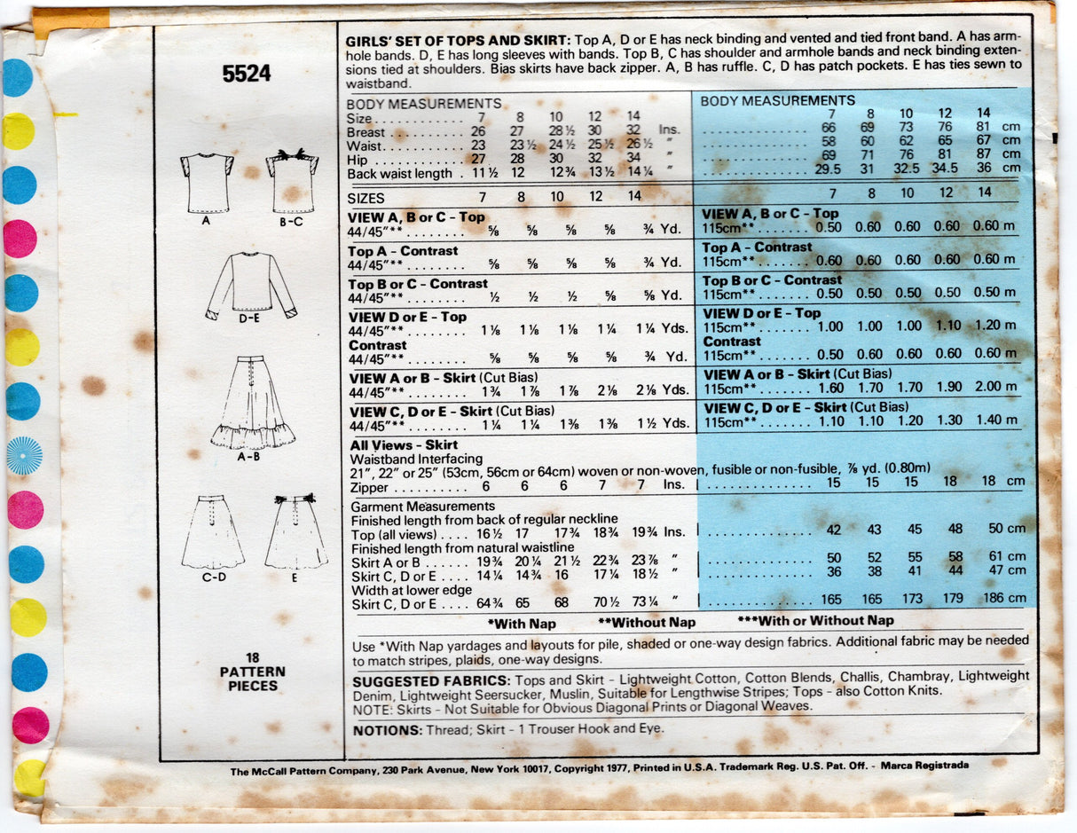 1970's McCall's Child's Yoked Tops and Flared Ruffled Skirt Pattern - Chest 26-32" - No. 5524