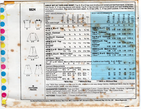 1970's McCall's Child's Yoked Tops and Flared Ruffled Skirt Pattern - Chest 26-32" - No. 5524