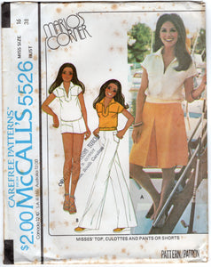 1970's McCall's Yoked Top, and Shorts, Culottes or Wide Leg Pants pattern - Marlo's Corner - Bust 31.5-38" - No. 5526