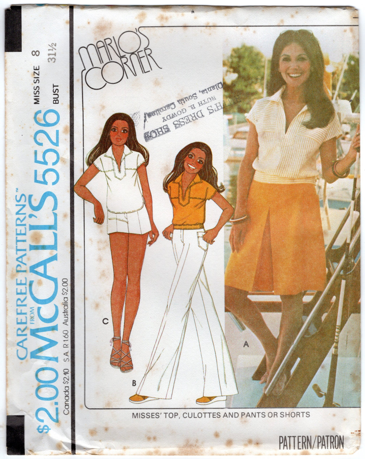 1970's McCall's Yoked Top, and Shorts, Culottes or Wide Leg Pants pattern - Marlo's Corner - Bust 31.5-38" - No. 5526