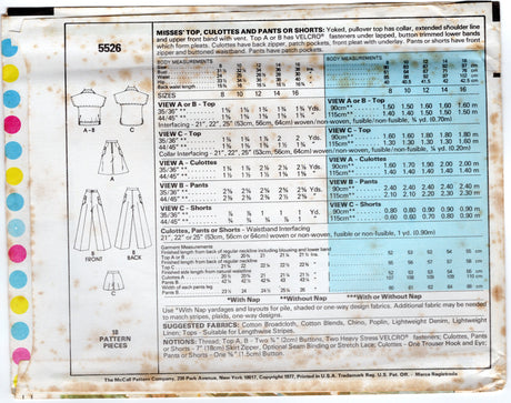 1970's McCall's Yoked Top, and Shorts, Culottes or Wide Leg Pants pattern - Marlo's Corner - Bust 31.5-38" - No. 5526