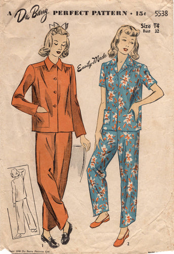 1940's DuBarry Two Piece Pajamas Pattern with Patch pocket - Bust 32