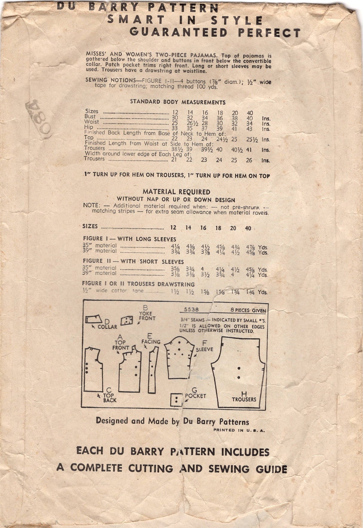 1940's DuBarry Two Piece Pajamas Pattern with Patch pocket - Bust 32" - No. 5548