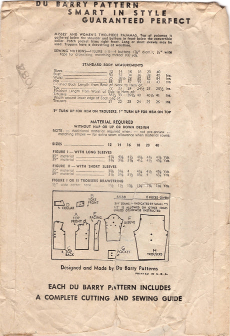 1940's DuBarry Two Piece Pajamas Pattern with Patch pocket - Bust 32" - No. 5548