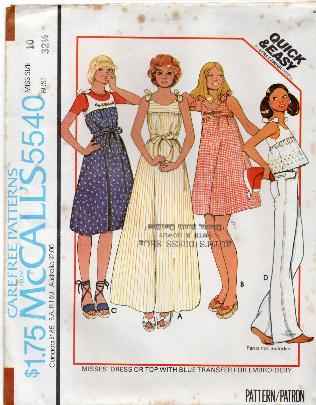 1970's McCall's Yoked Tie Shoulder Maxi, Midi Dress or Blouse pattern with embroidery transfer - Bust 31.5-34" - No. 5540