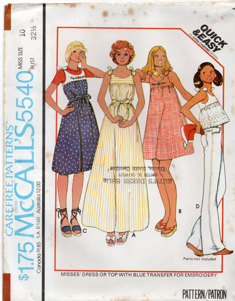 1970's McCall's Yoked Tie Shoulder Maxi, Midi Dress or Blouse pattern with embroidery transfer - Bust 31.5-34" - No. 5540