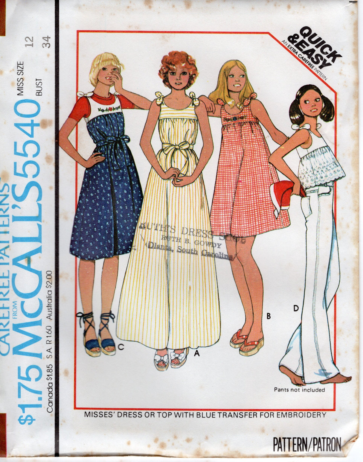 1970's McCall's Yoked Tie Shoulder Maxi, Midi Dress or Blouse pattern with embroidery transfer - Bust 31.5-34" - No. 5540