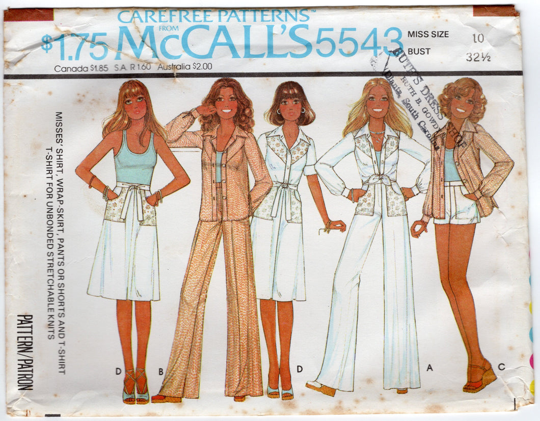 1970's McCall's Western style Button Up Shirt, Pullover Shirt, Wrap Skirt and Pants or Shorts with Large Pockets Pattern - Bust 32.5-40
