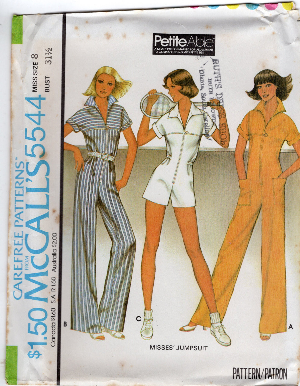 1970's McCall's Full length Jumpsuit with Large Yokes and Patch Pockets pattern - Bust 31.5-38" - No. 5544