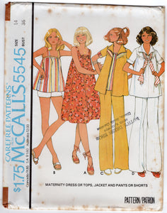 1970's McCall's Maternity Baby doll Top, Dress. Jacket and High Waisted Pants or Shorts pattern - Bust 36-40" - No. 5545