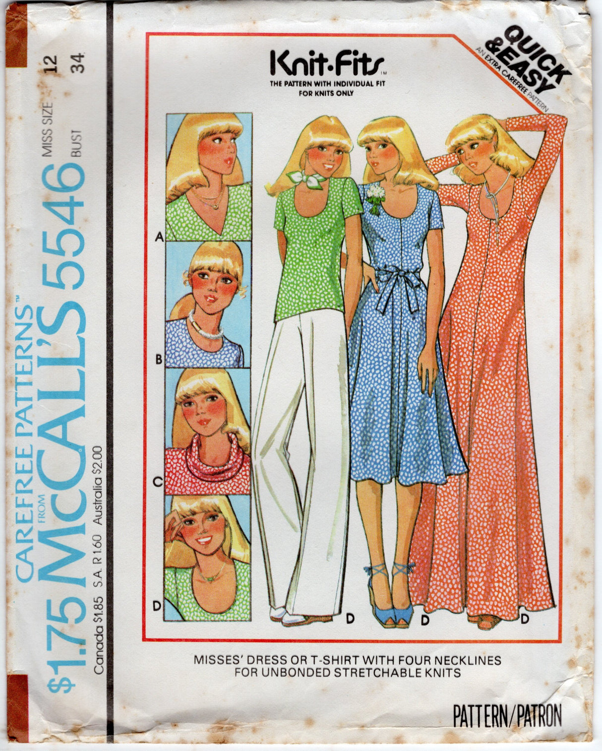 1970's McCall's Maxi Scoop Neck Dress, Tunic, or Top with short or sleeves - Bust 31.5-38" - No. 5546