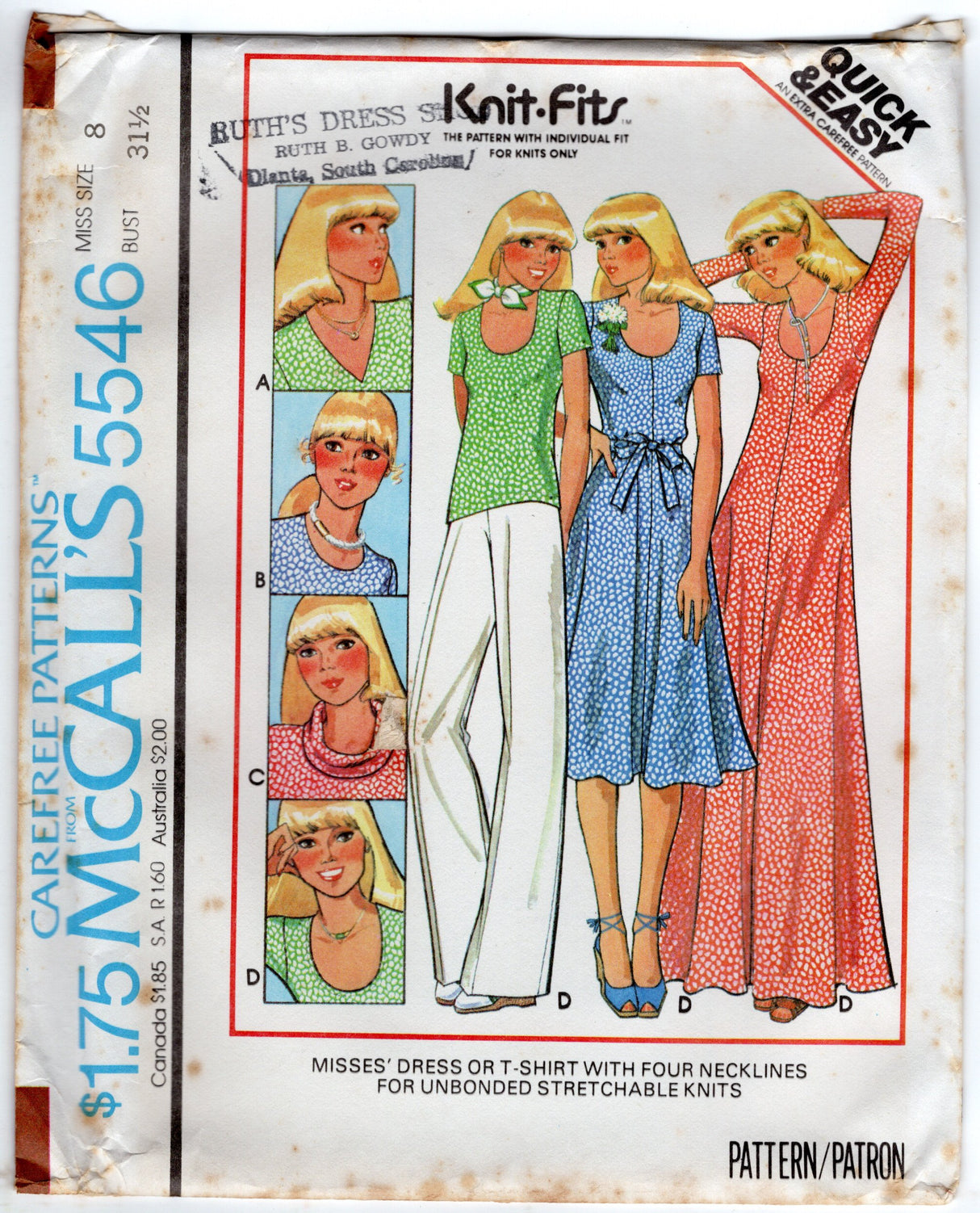 1970's McCall's Maxi Scoop Neck Dress, Tunic, or Top with short or sleeves - Bust 31.5-38" - No. 5546