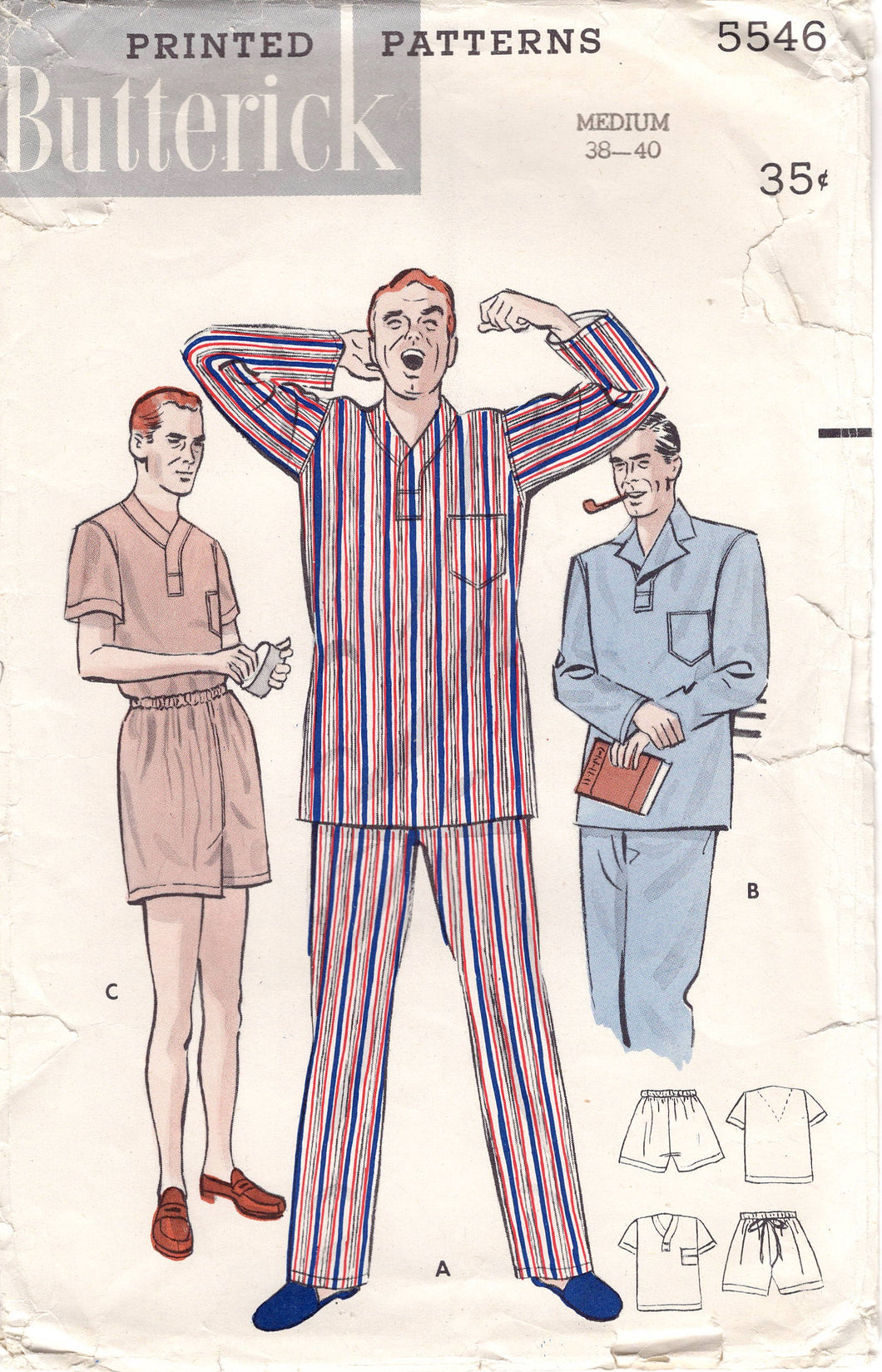 1950's Butterick Men's Pajama pattern with long pants or shorts - Chest 38-40