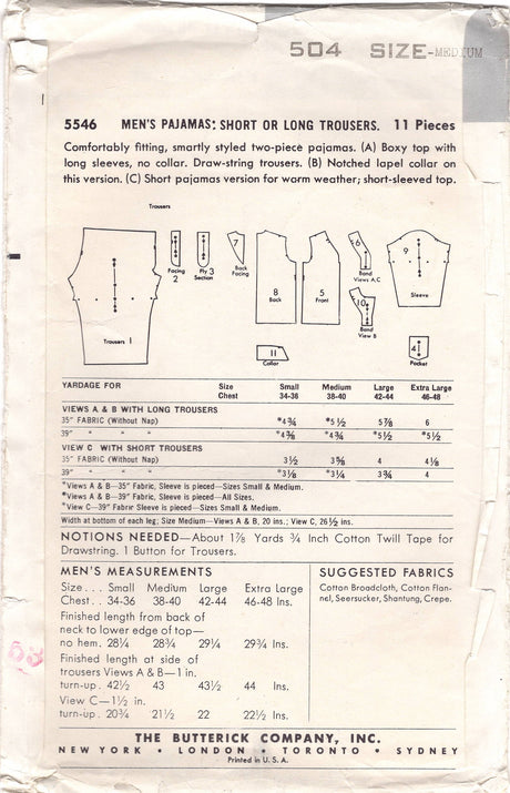 1950's Butterick Men's Pajama pattern with long pants or shorts - Chest 38-40" - No. 5546