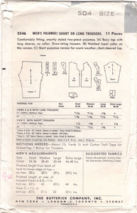 1950's Butterick Men's Pajama pattern with long pants or shorts - Chest 38-40" - No. 5546