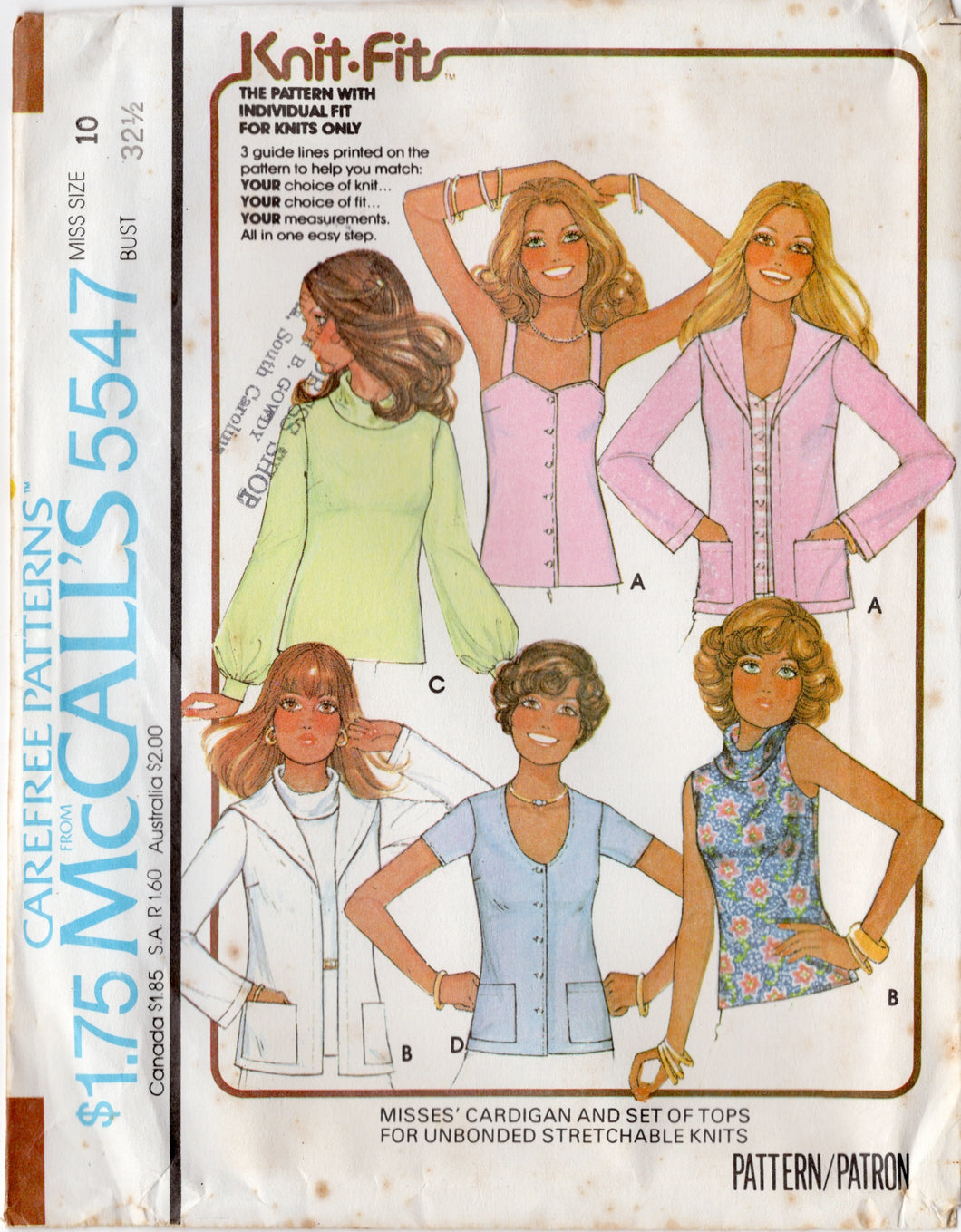 1970's McCall's Pullover Top, and Cardigan pattern - Bust 32.5-38
