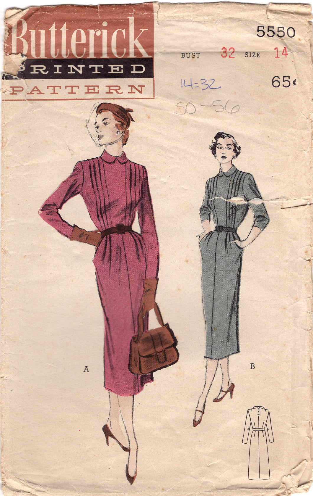1950's Butterick One Piece Pin Tuck Dress Pattern with Peter Pan Collar - Bust 32