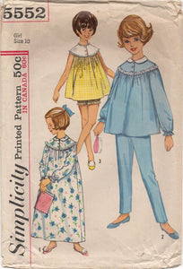 1960's Simplicity Child's Nightgown and Bloomers or Two Piece Pajamas - Breast 28" - No. 5552