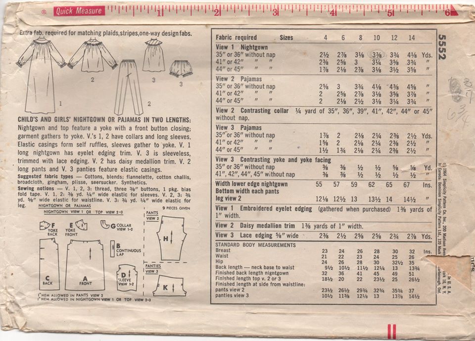 1960's Simplicity Child's Nightgown and Bloomers or Two Piece Pajamas - Breast 28" - No. 5552