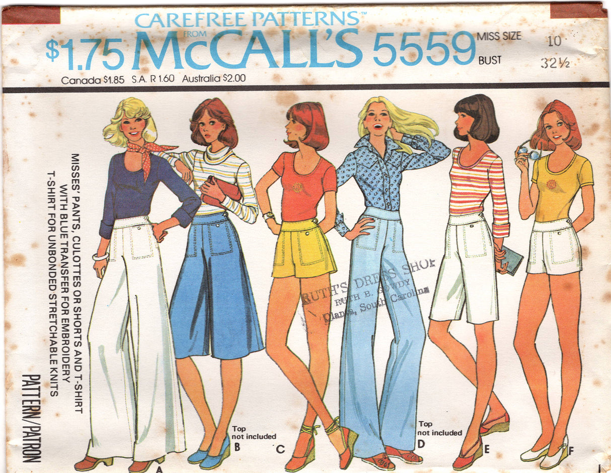 1970's McCall's High Waisted Culottes, Pants, or Shorts and T-shirt Pattern - Bust 30.5-38" - No. 5559