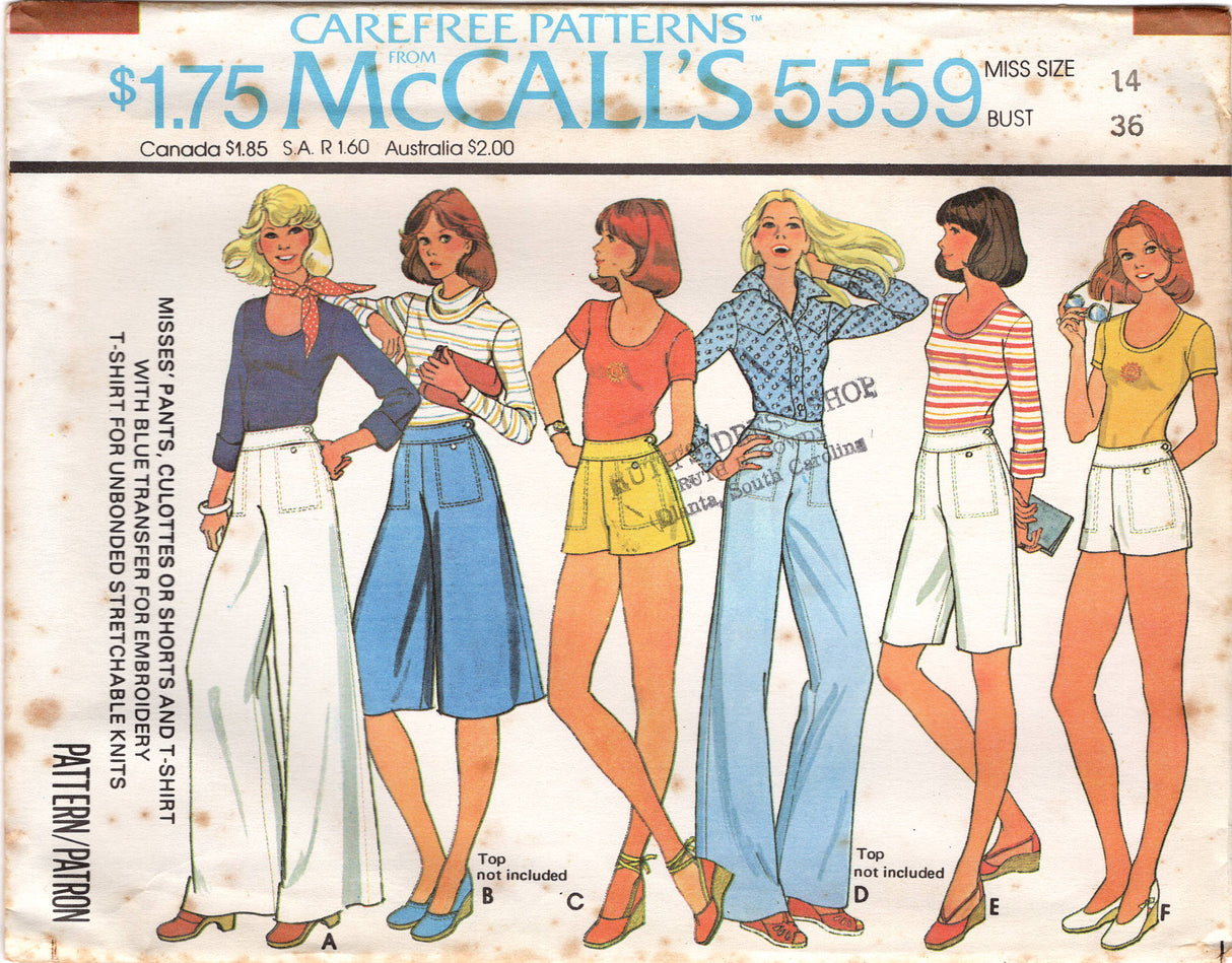 1970's McCall's High Waisted Culottes, Pants, or Shorts and T-shirt Pattern - Bust 30.5-38" - No. 5559