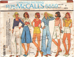 1970's McCall's High Waisted Culottes, Pants, or Shorts and T-shirt Pattern - Bust 30.5-38" - No. 5559