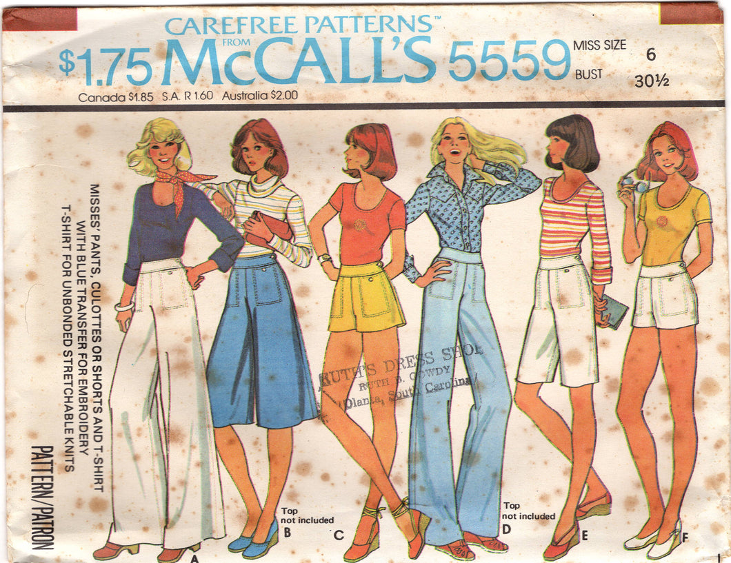 1970's McCall's High Waisted Culottes, Pants, or Shorts and T-shirt Pattern - Bust 30.5-38